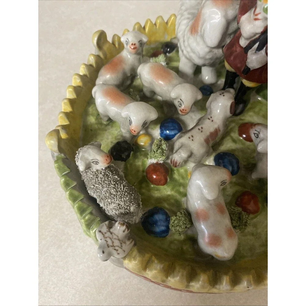 Vtg Staffordshire Style Spill Vase Shepherd, Sheepdog, Sheep, Birds, Tree 8.25